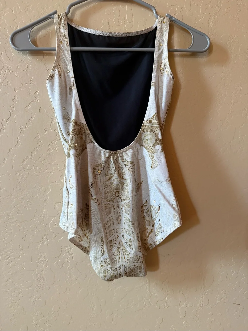 Balera LC Lyrical Dance Costume Ivory Gold Lace Leotard Taupe Skirt Contemp